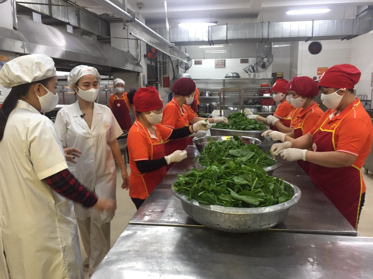  Đồng chí Vũ Lan Sinh - Chủ tịch Công ty Hương Việt Sinh giới thiệu với Đoàn Đài TH Hà Nội về quy trình nhặt rau, rửa rau và khâu sàng giá.  